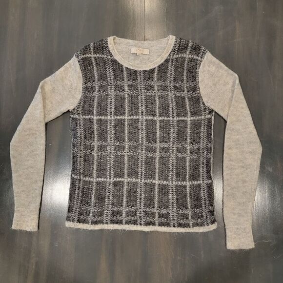 LOFT Plaid Gray Color Block Mohair Blend Crewneck Pullover Sweater Size Medium - Picture 6 of 12